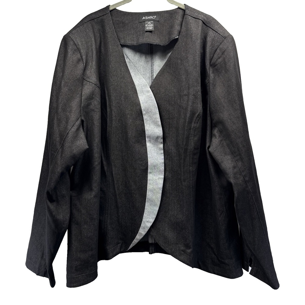 ASHRO Womens Blazer Sz 28W Couture Snap Long Sleeves Black Gray V Neck Unlined
